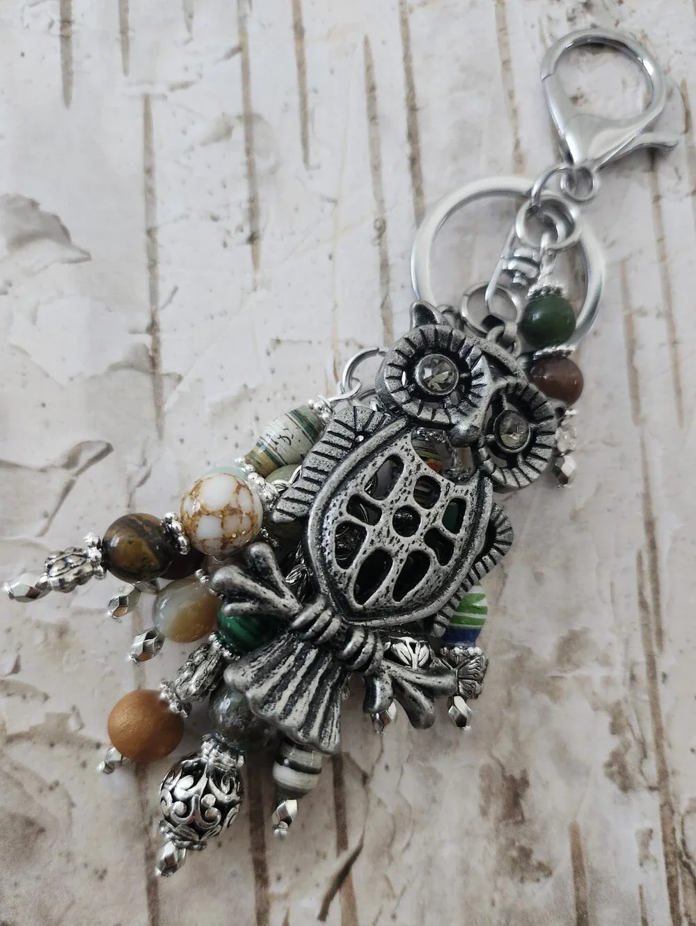 Owl Purse Charm or Keychain Agate Malachite Jasper Tigers Eye Handcrafted